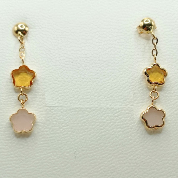 Orecchini in oro giallo  18 carati  pendenti con particolare lavorazione con pietre colorate a forma di fiore