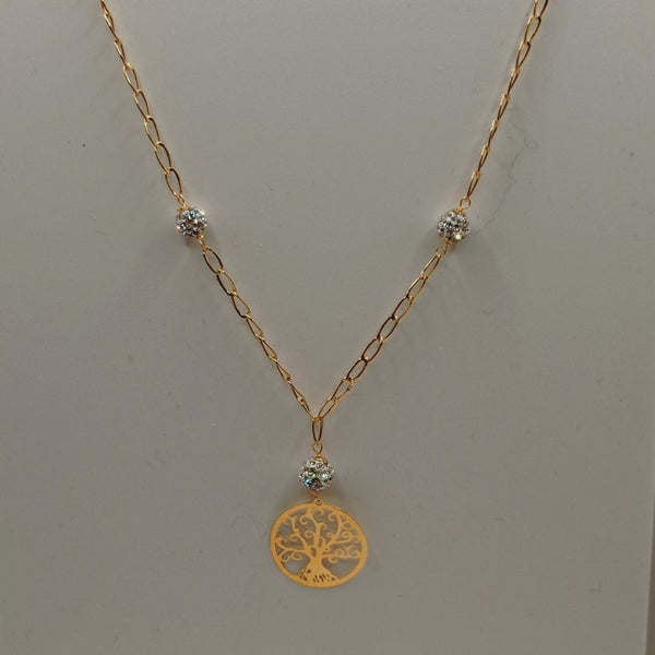 Collana in oro giallo 750 -  18 kt con particolari inserti con zirconi con centrale  pendente Albero della vita