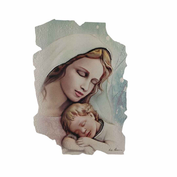 Maternità su legno intagliato dipinto con inserti in Argento  Marca Leader  di Luigi Pesaresi  cm24x16,5